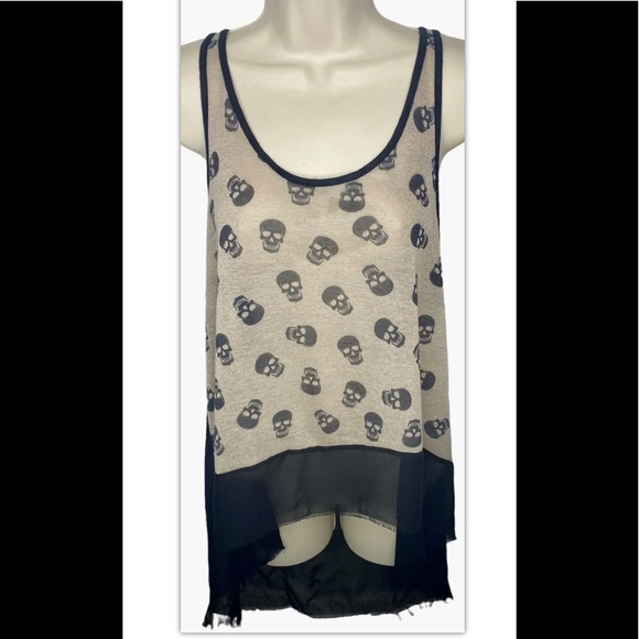 Blush Juniors Skull Graphics Tank Top M Tan Black Sheer Back Knit Sleeveless - Picture 1 of 10